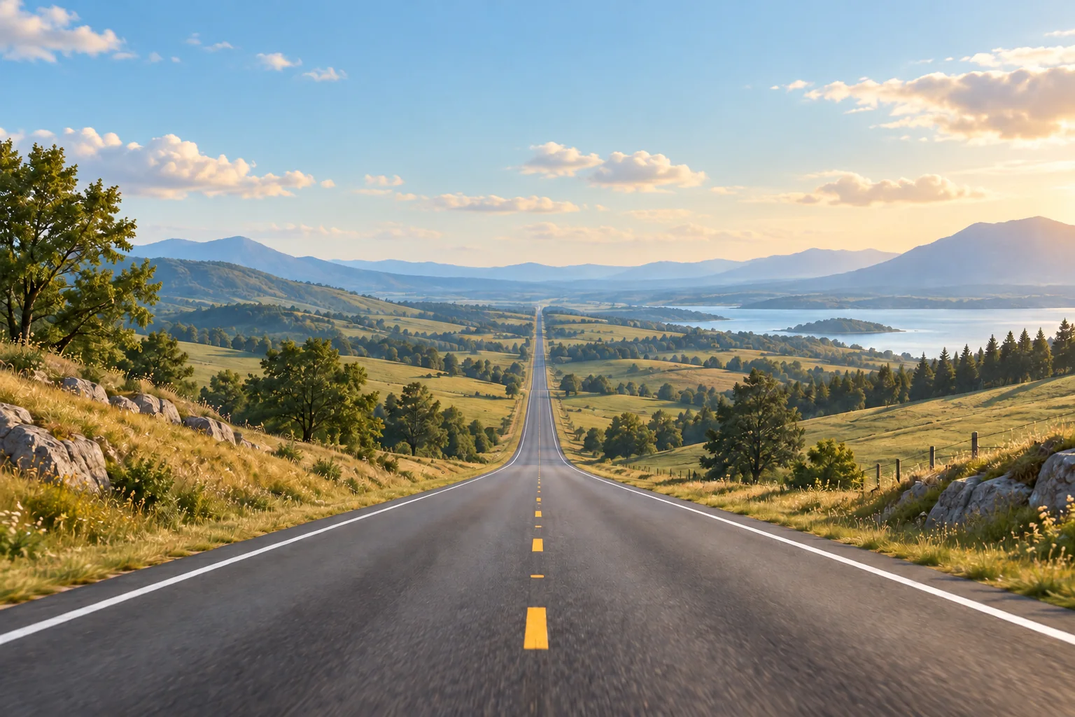 A long empty road through open country, with a single PlainWay instruction above it: 42 miles, continue on Route 20